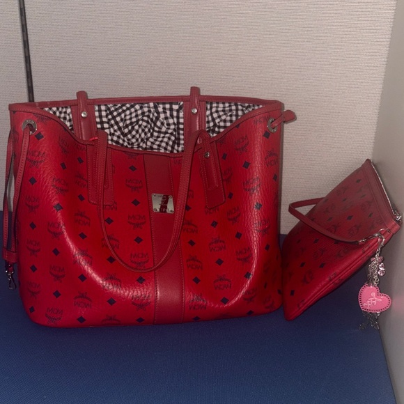 MCM Red Women's Tote Bag and Pouch Set - Picture 3 of 7